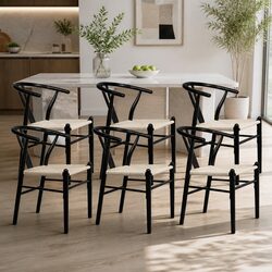 Black Dining Chairs: Set of 6 with Wooden Frames and Rattan Seats