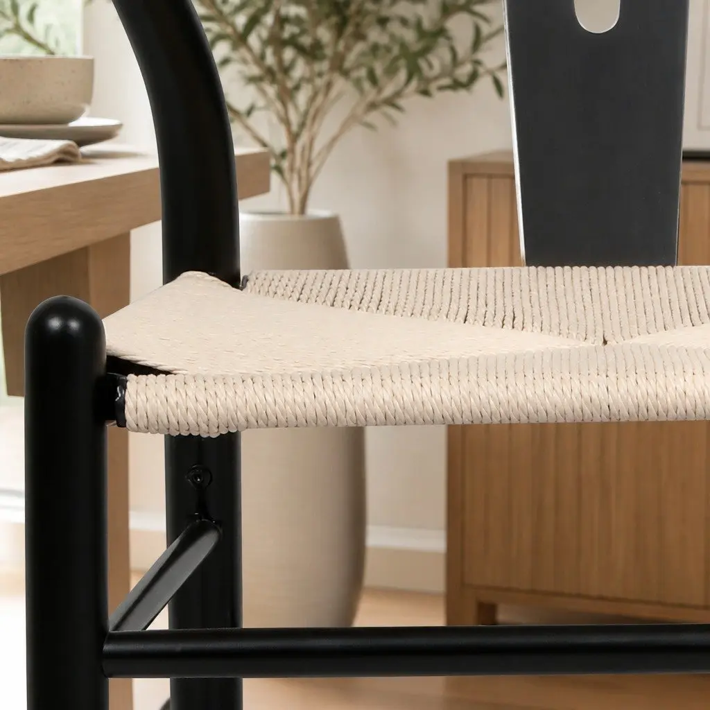 Dining Chairs Set of 6 Wooden Frame Rattan Seat Black Kitchen Furniture