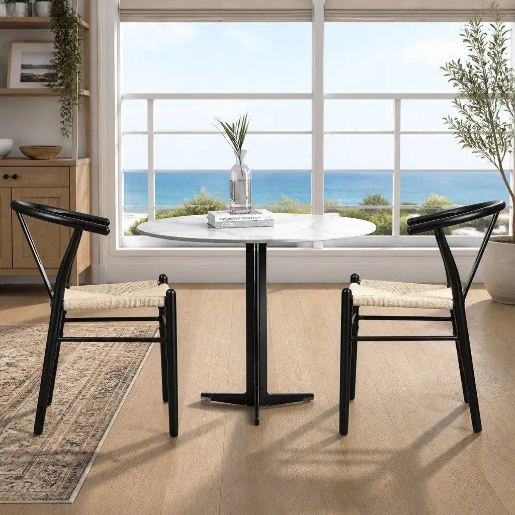 Dining Chairs Set of 6 Wooden Frame Rattan Seat Black Kitchen Furniture