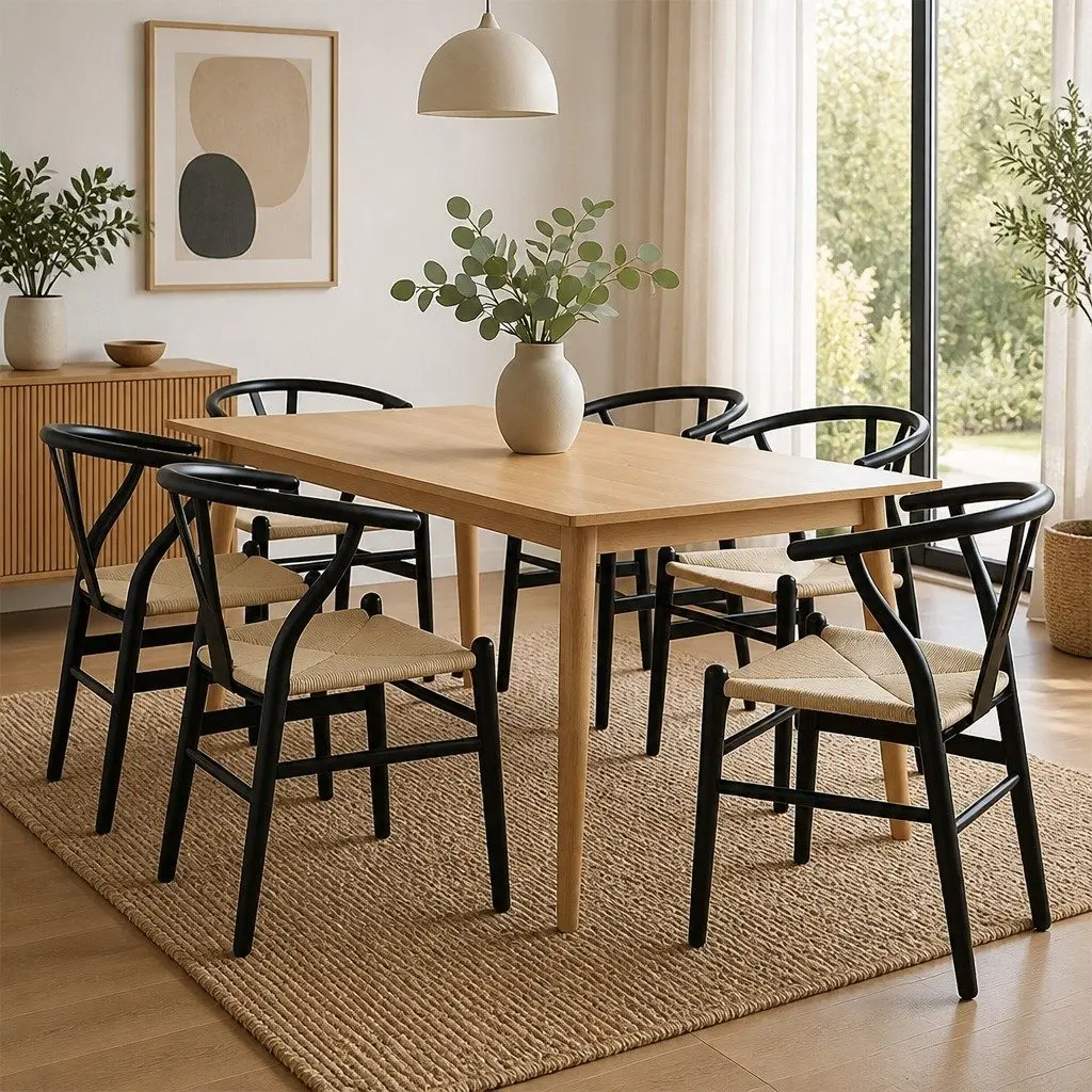 Dining Chairs Set of 6 Wooden Frame Rattan Seat Black Kitchen Furniture