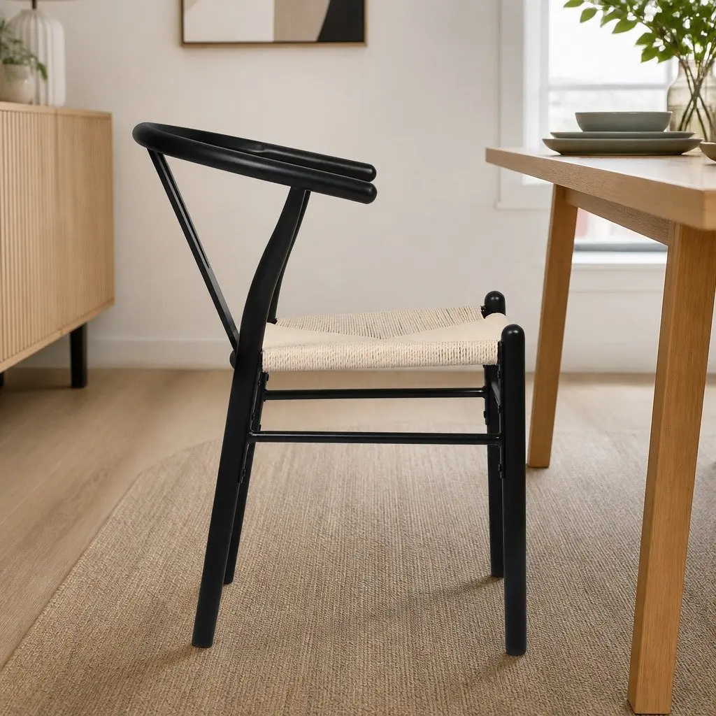 Dining Chairs Wooden Rattan Seat Black Set of 8 Modern Kitchen Furniture