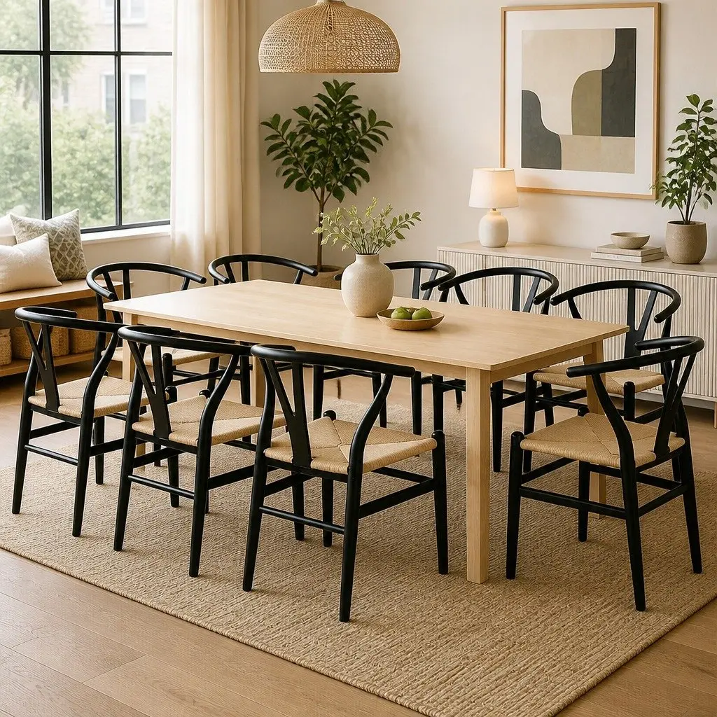 Dining Chairs Wooden Rattan Seat Black Set of 8 Modern Kitchen Furniture
