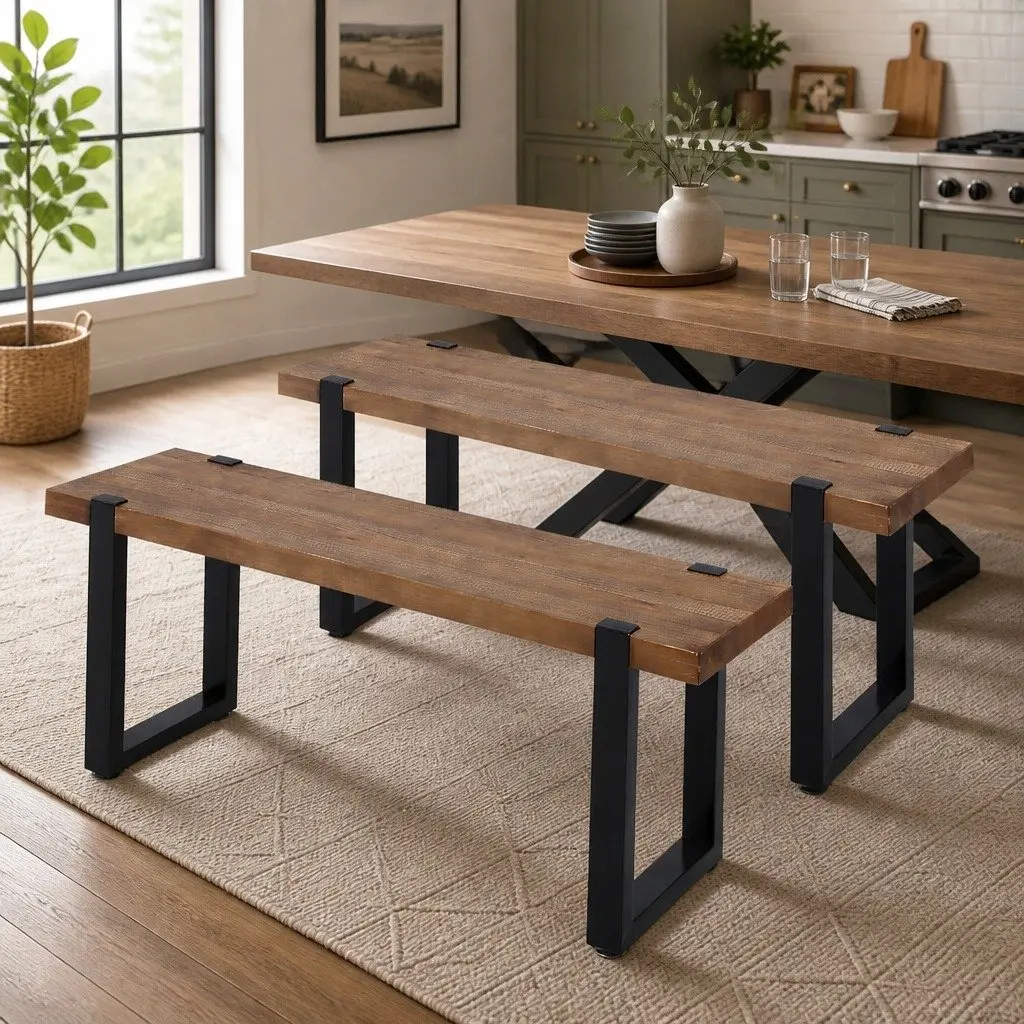 Dining Bench Chair 140cm Wooden Seat Industrial Design Steel Frame Home