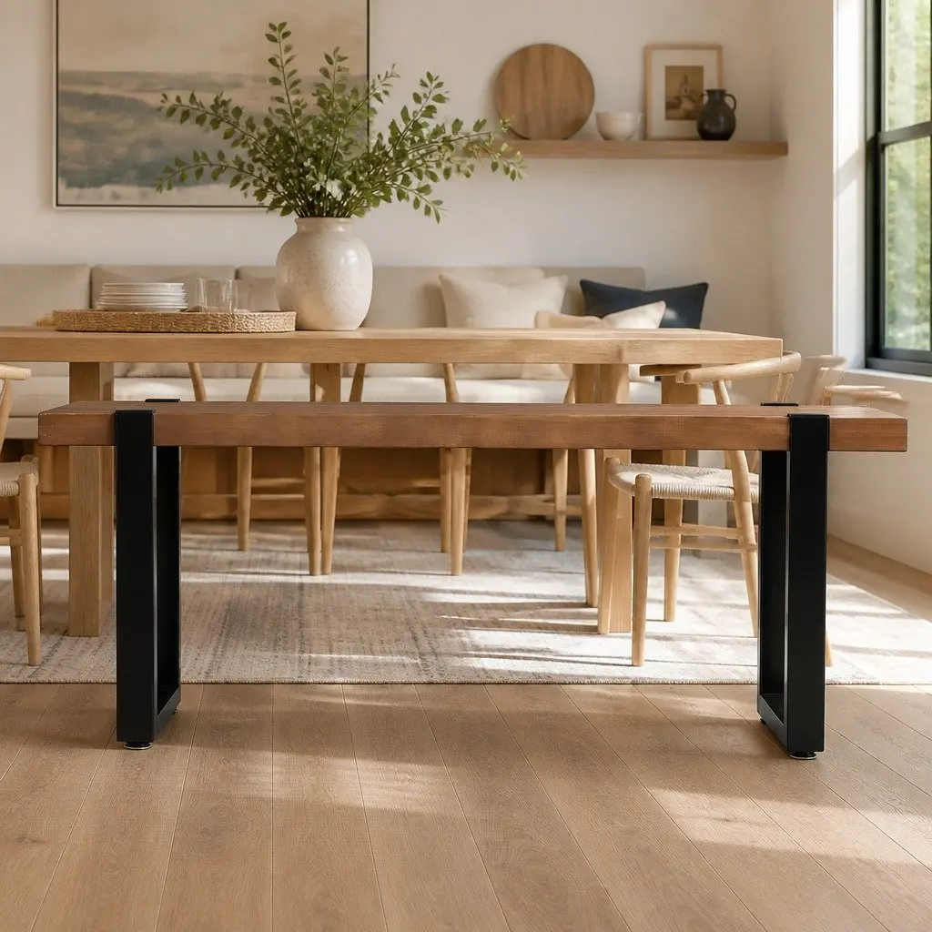 Dining Bench Chair 140cm Wooden Seat Industrial Design Steel Frame Home