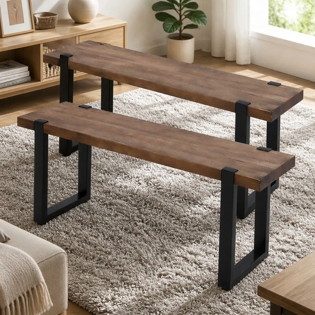 Dining Bench Chair 140cm Wooden Seat Industrial Design Steel Frame Home