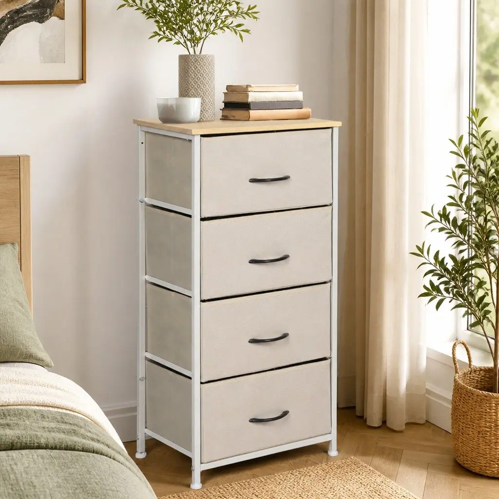 Storage Cabinet Beige 4 Drawer Chest of Drawers Bedroom Organiser Unit