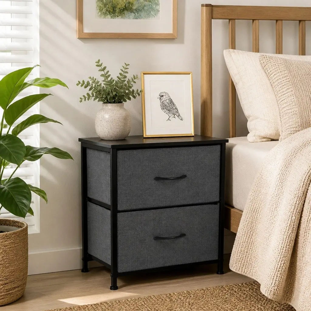 Storage Cabinet Chest 2 Drawer Nightstand Bedroom Organizer Dark Grey Furniture