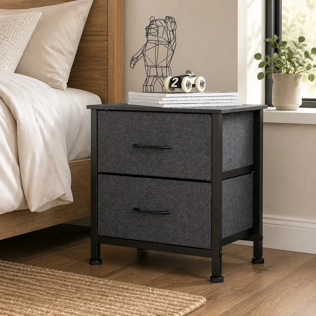 Storage Cabinet Chest 2 Drawer Nightstand Bedroom Organizer Dark Grey Furniture