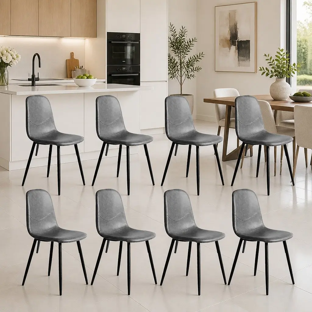 Dining Chairs Grey Upholstered Padded Backrest Steel Frame Set of 8