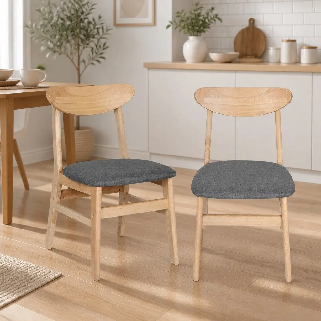 Natural Wood Frame Linen Upholstered Dining Chairs Set of 6 Kitchen Seating