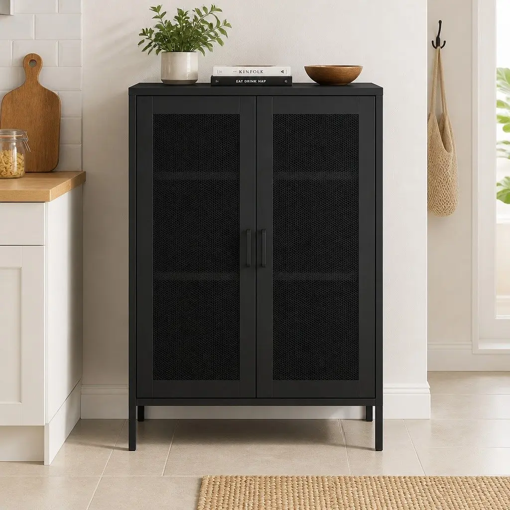 Storage Cabinet Black Steel Adjustable Shelves Mesh Doors