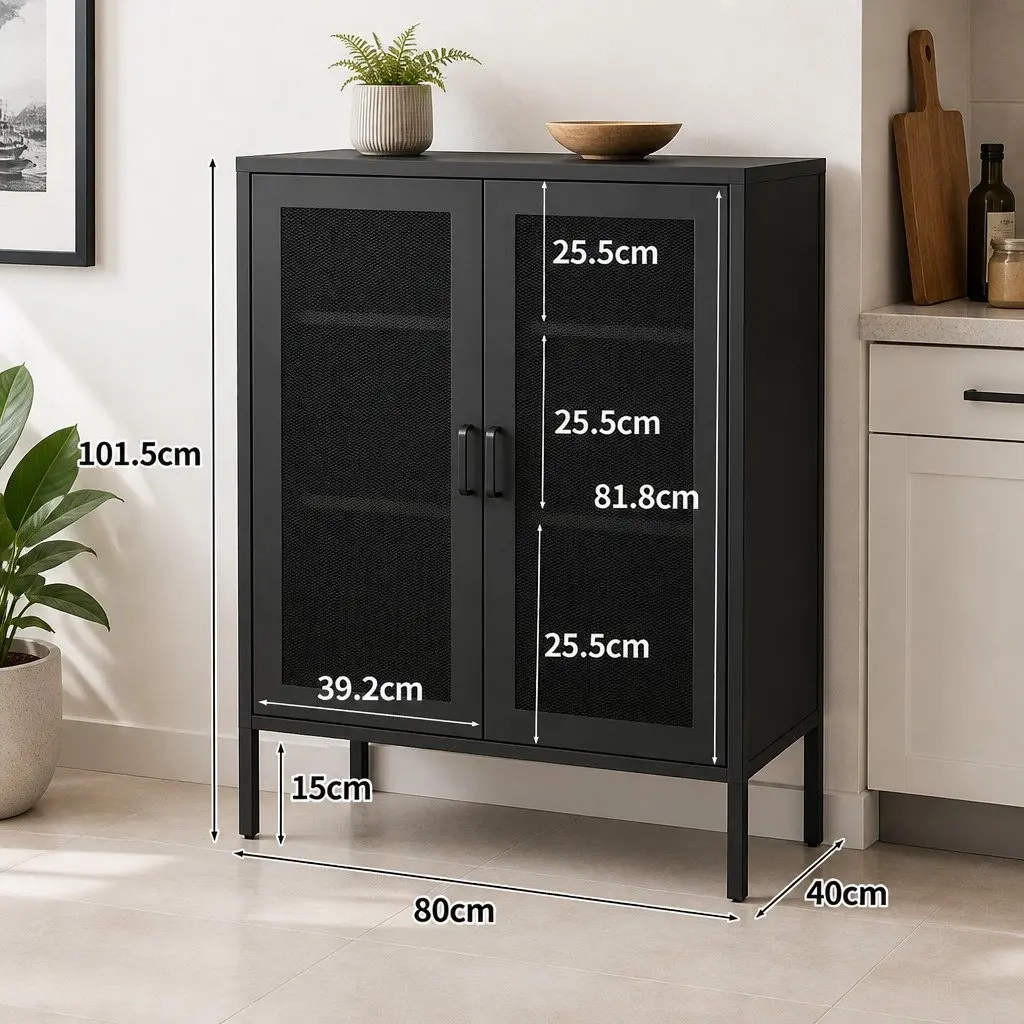Storage Cabinet Black Steel Adjustable Shelves Mesh Doors