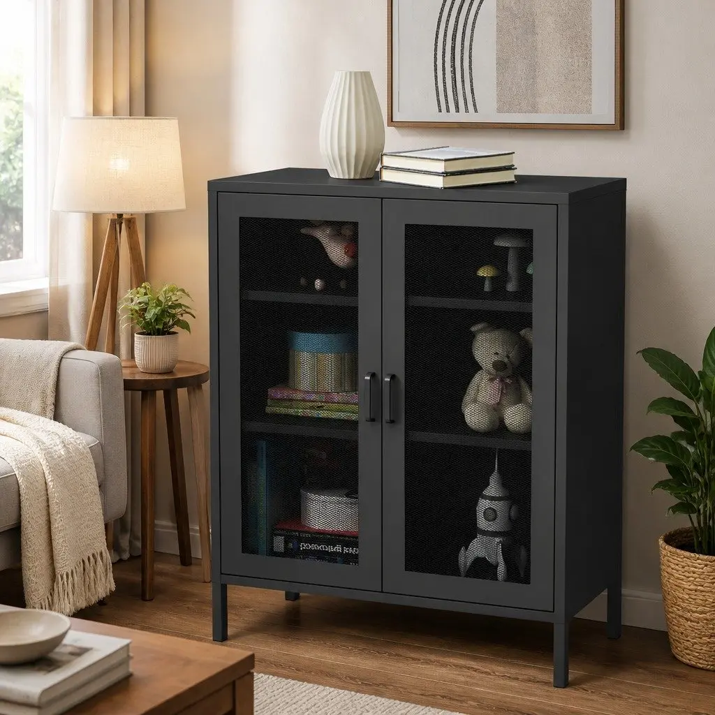 Storage Cabinet Black Steel Adjustable Shelves Mesh Doors