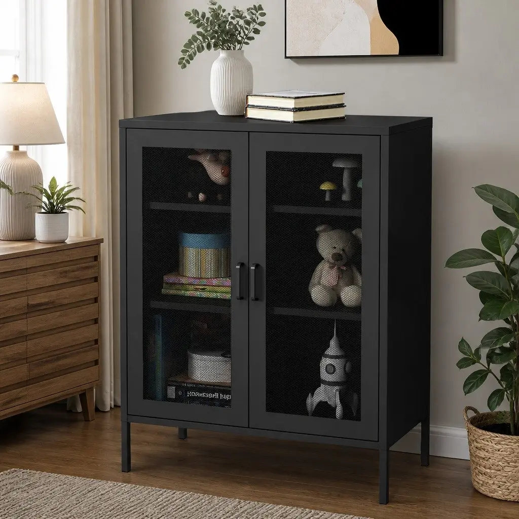 Storage Cabinet Black Steel Adjustable Shelves Mesh Doors