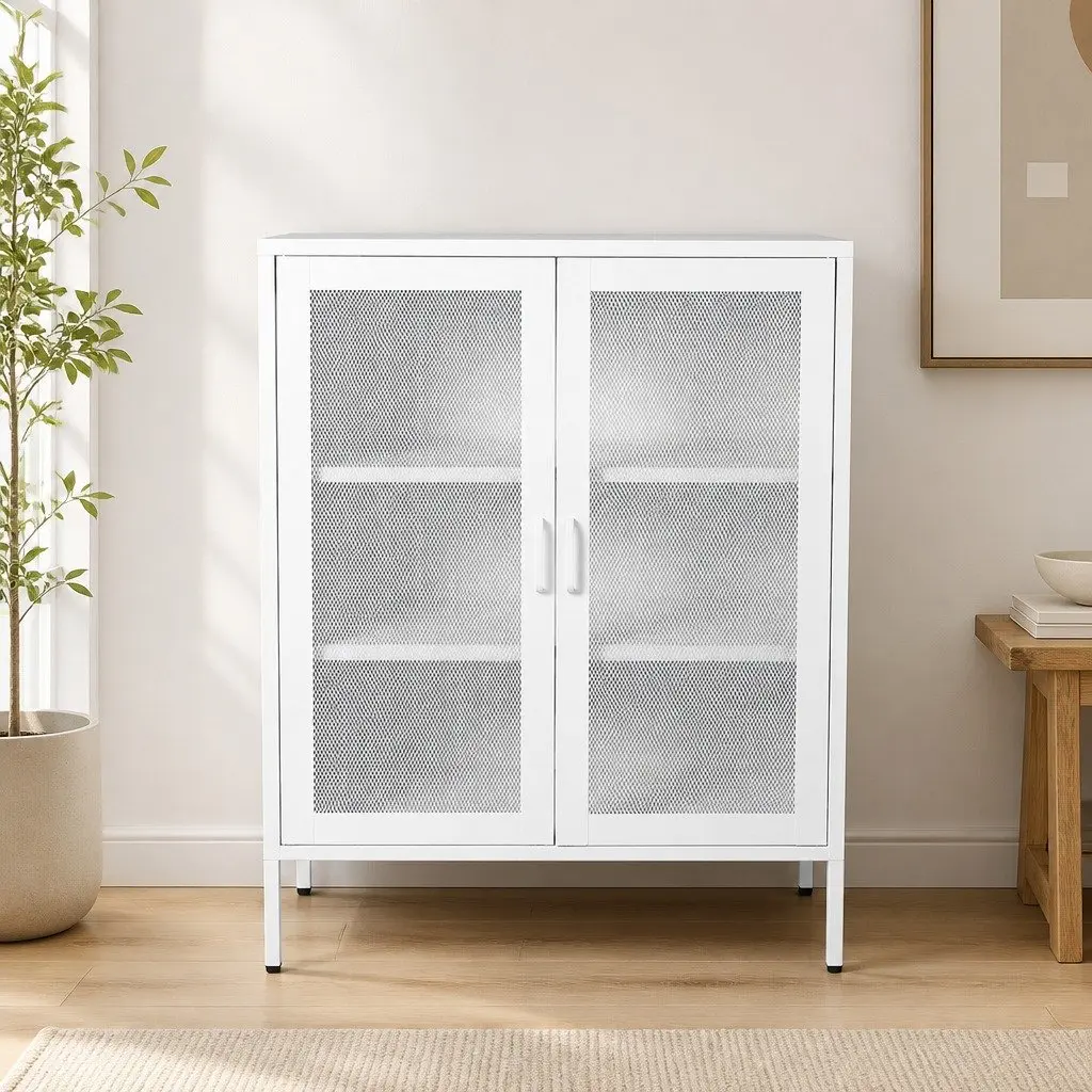 Storage Cabinet Steel Kitchen Pantry Bathroom Cupboard White Mesh Doors Shelving