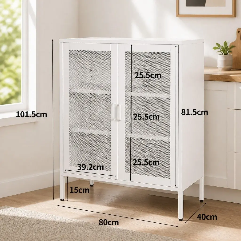 Storage Cabinet Steel Kitchen Pantry Bathroom Cupboard White Mesh Doors Shelving