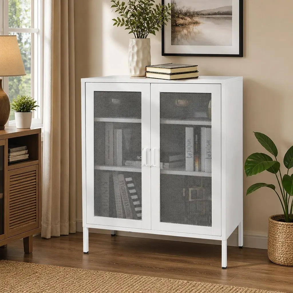 Storage Cabinet Steel Kitchen Pantry Bathroom Cupboard White Mesh Doors Shelving