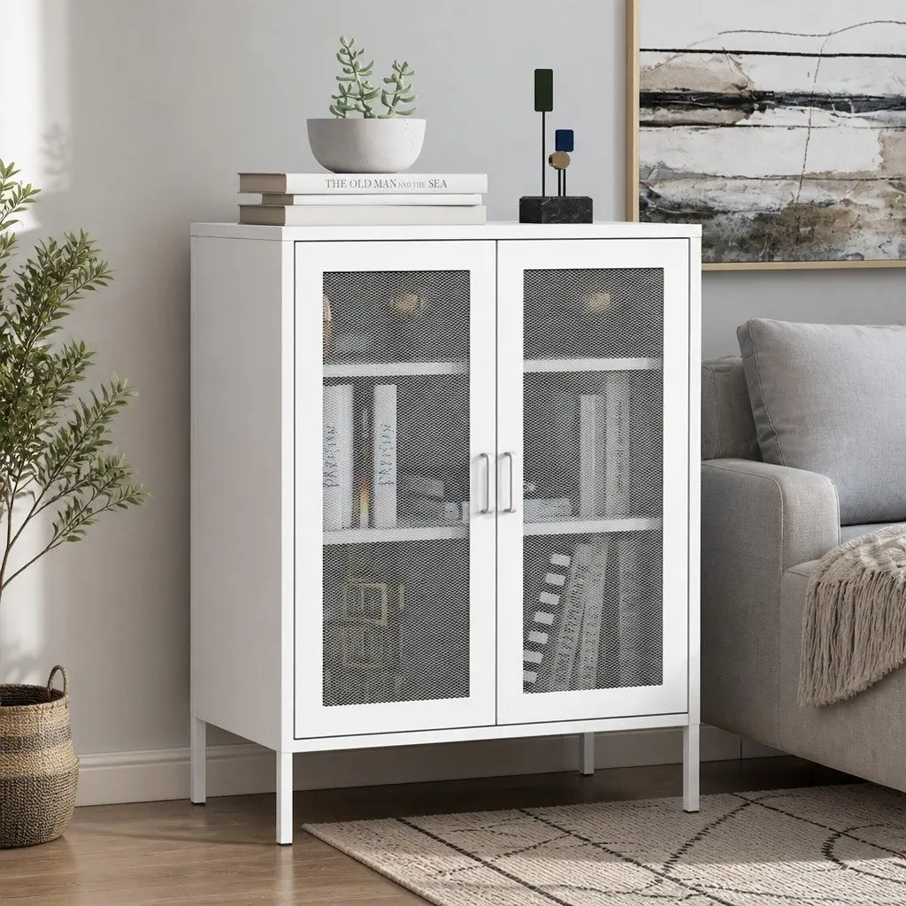 Storage Cabinet Steel Kitchen Pantry Bathroom Cupboard White Mesh Doors Shelving