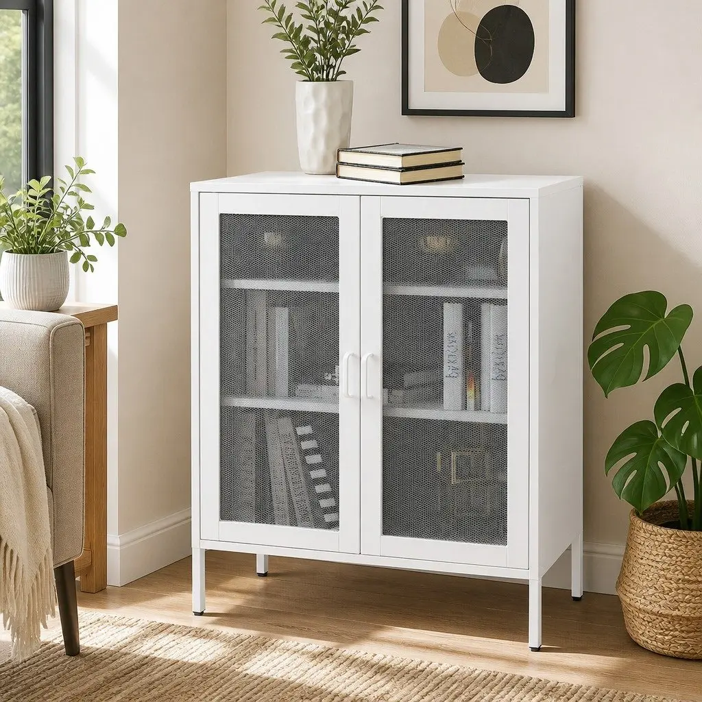 Storage Cabinet Steel Kitchen Pantry Bathroom Cupboard White Mesh Doors Shelving