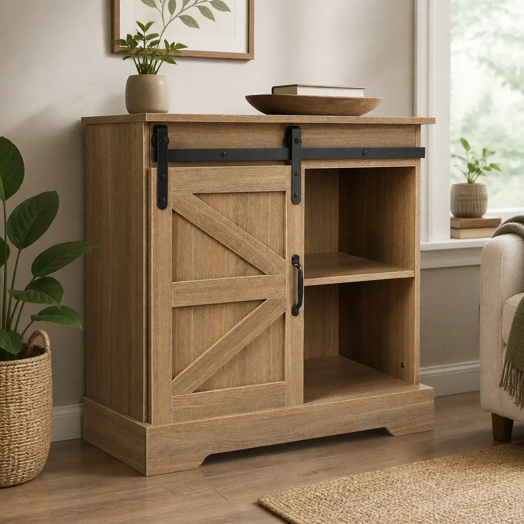 Rustic Sideboard Natural 80cm Sliding Barn Door Storage Cabinet for Kitchen Buffet or Bedroom