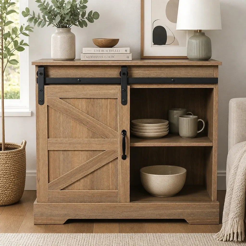 Rustic Sideboard Natural 80cm Sliding Barn Door Storage Cabinet for Kitchen Buffet or Bedroom