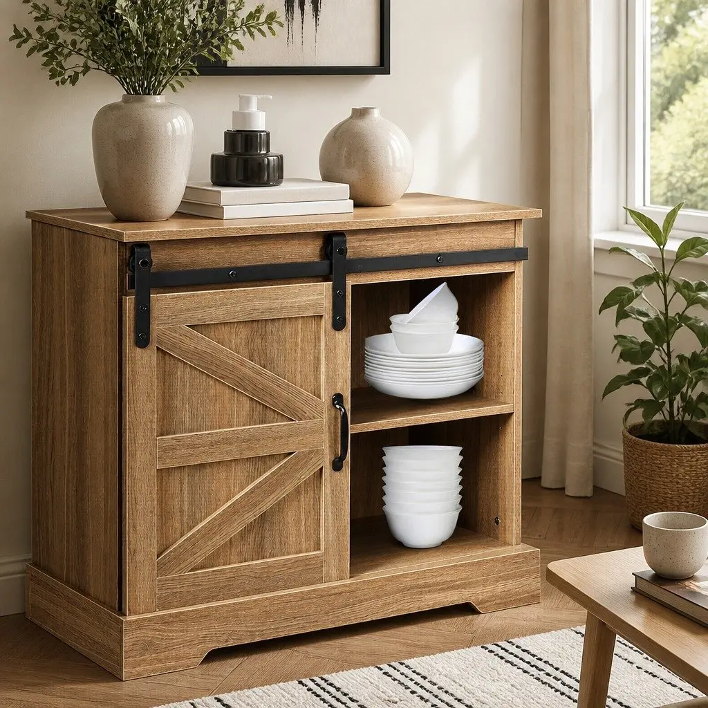 Rustic Sideboard Natural 80cm Sliding Barn Door Storage Cabinet for Kitchen Buffet or Bedroom