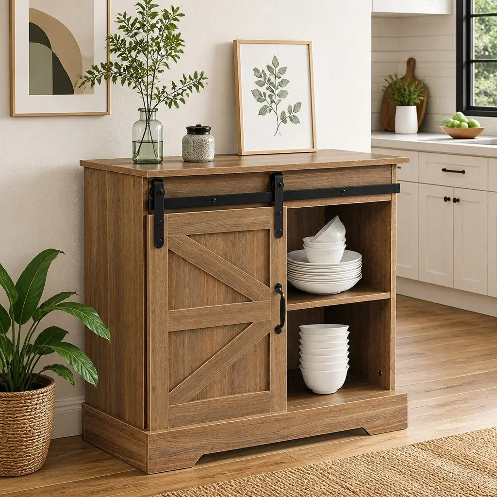 Rustic Sideboard Natural 80cm Sliding Barn Door Storage Cabinet for Kitchen Buffet or Bedroom