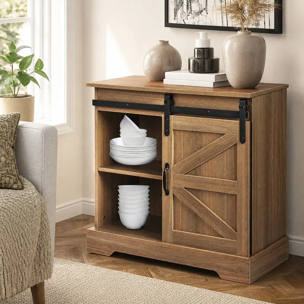 Rustic Sideboard Natural 80cm Sliding Barn Door Storage Cabinet for Kitchen Buffet or Bedroom