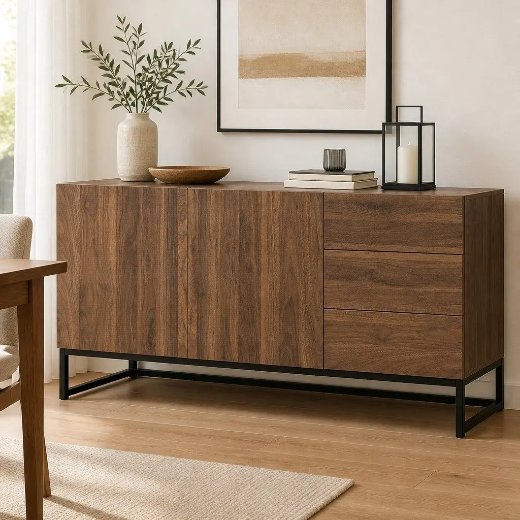Walnut Sideboard Buffet Storage Cabinet with Drawers and Shelves Modern Design