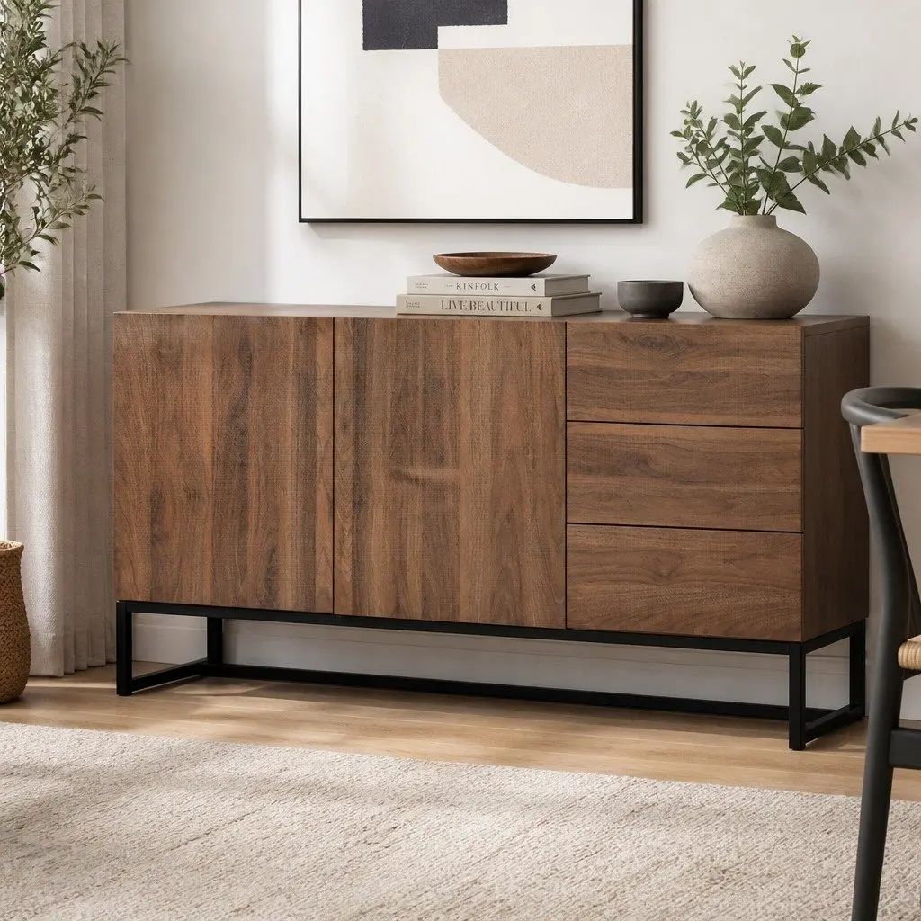 Walnut Sideboard Buffet Storage Cabinet with Drawers and Shelves Modern Design