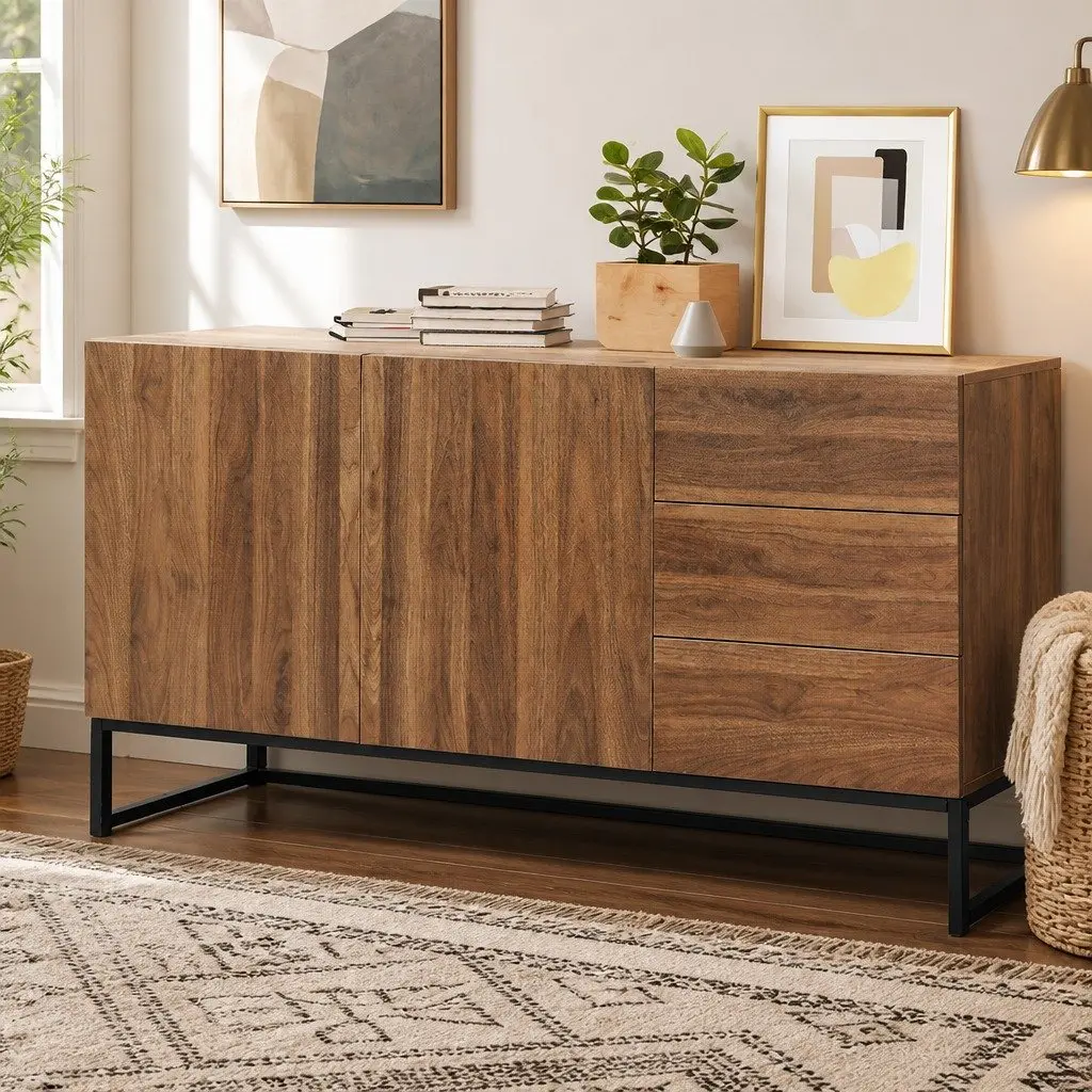 Walnut Sideboard Buffet Storage Cabinet with Drawers and Shelves Modern Design