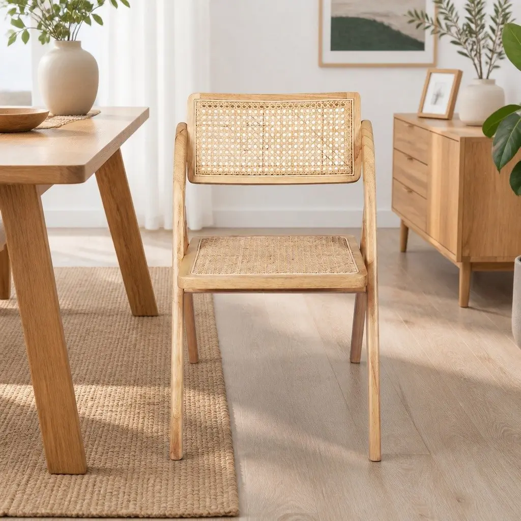 Dining Chairs Natural Rattan Rubber Wood Foldable Accent Set 4 Piece
