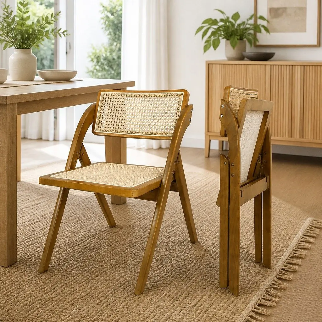 Foldable Dining Chairs Walnut 4 Piece Rubber Wood Frame Rattan Weaving
