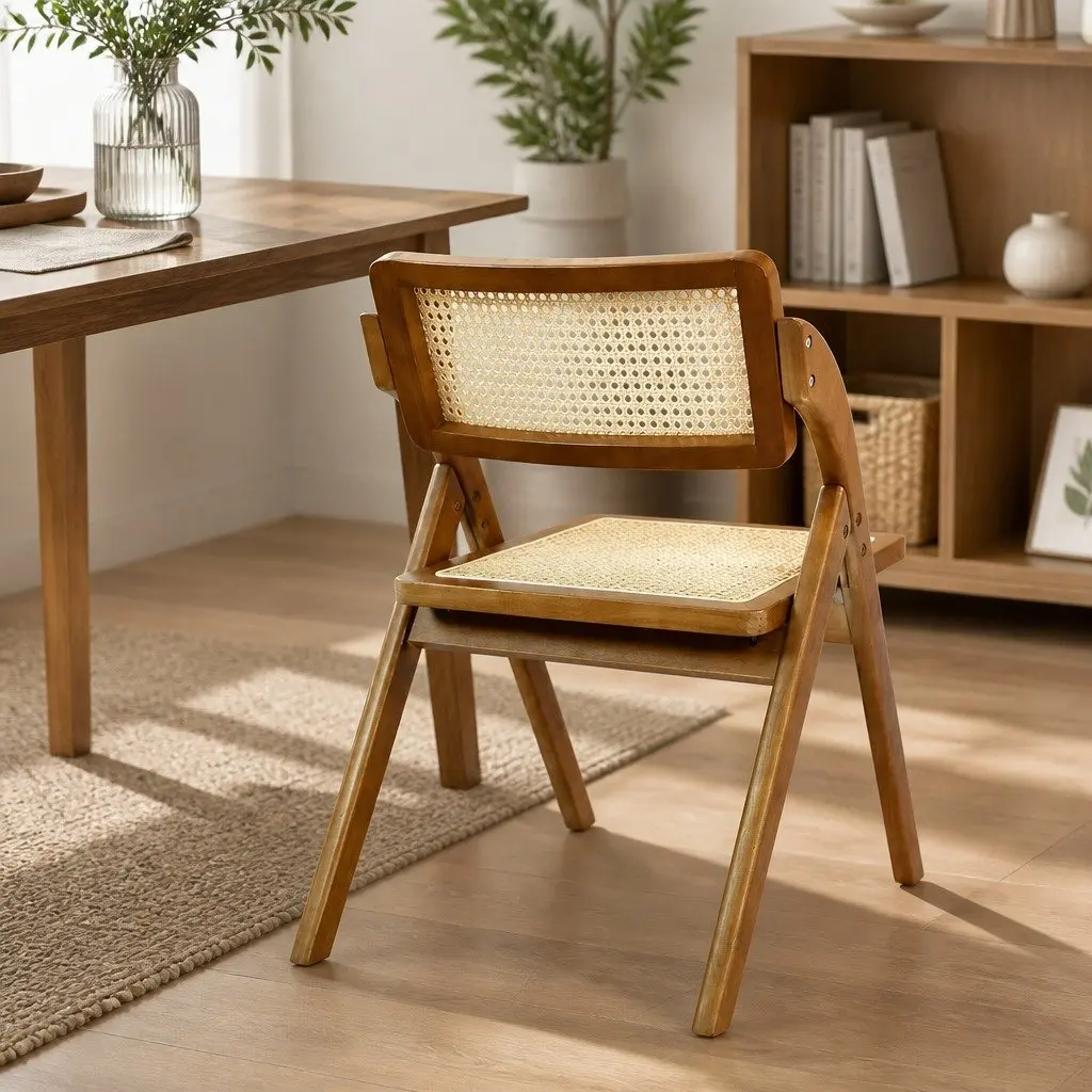 Foldable Dining Chairs Walnut 4 Piece Rubber Wood Frame Rattan Weaving