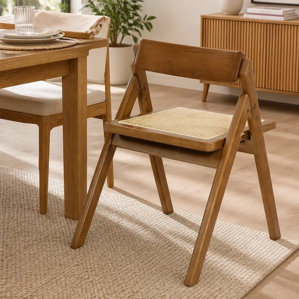 Foldable Dining Chairs Walnut 4 Piece Rubber Wood Frame Rattan Weaving