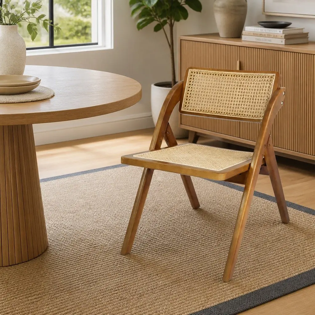 Foldable Dining Chairs Walnut 4 Piece Rubber Wood Frame Rattan Weaving