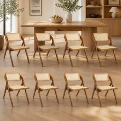 Foldable Rattan Dining Chairs Set of 8 Walnut Wood Frame Lounge Seating
