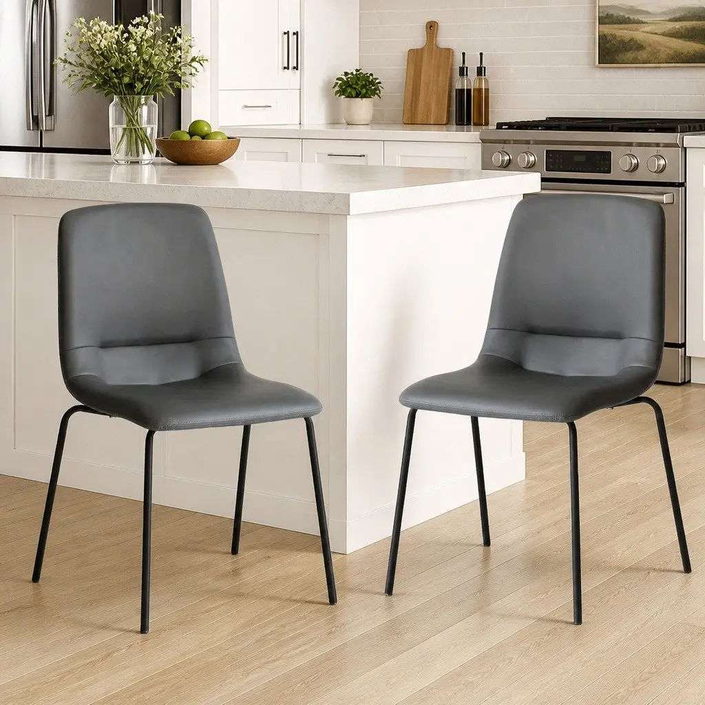 Stackable Dining Chair Dark Grey PU Leather Steel Frame High-Density Foam