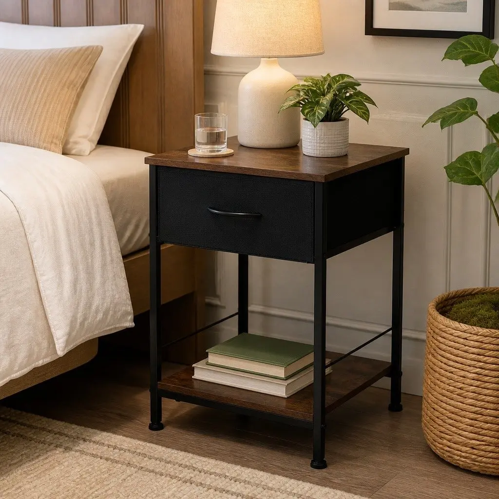 Bedside Table Brown and Black 40cm Compact Storage with Drawer and Shelf Metal Frame MDF Top