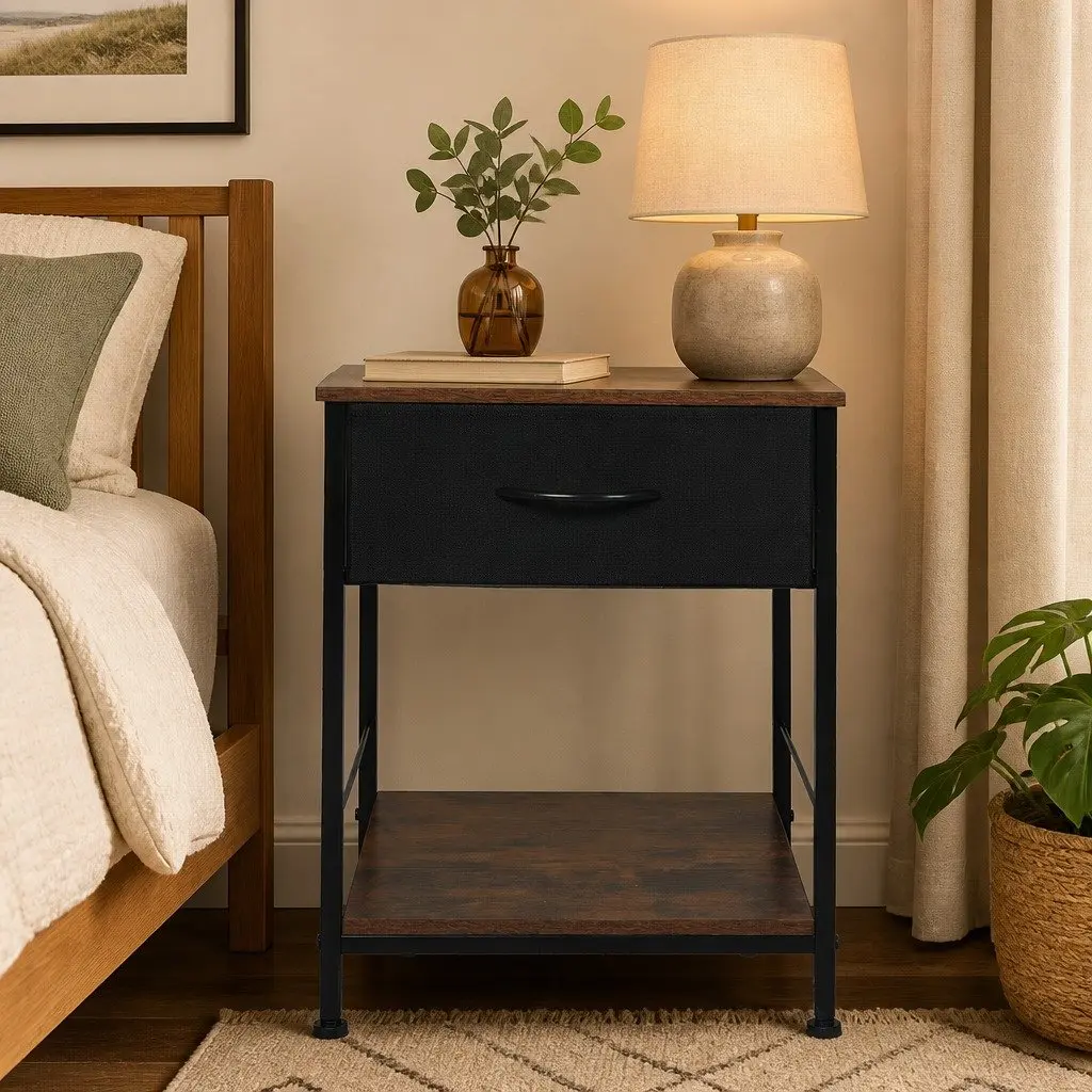 Bedside Table Brown and Black 40cm Compact Storage with Drawer and Shelf Metal Frame MDF Top
