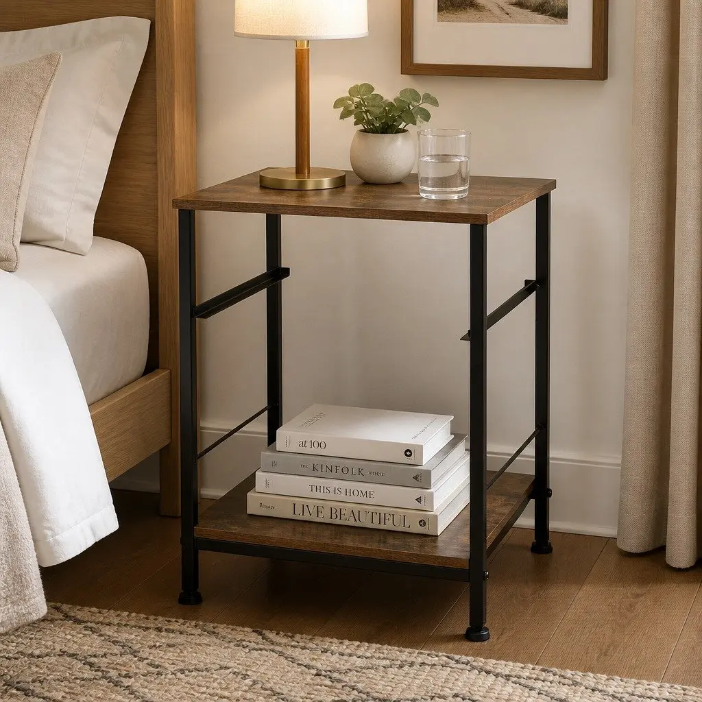 Bedside Table Brown and Black 40cm Compact Storage with Drawer and Shelf Metal Frame MDF Top