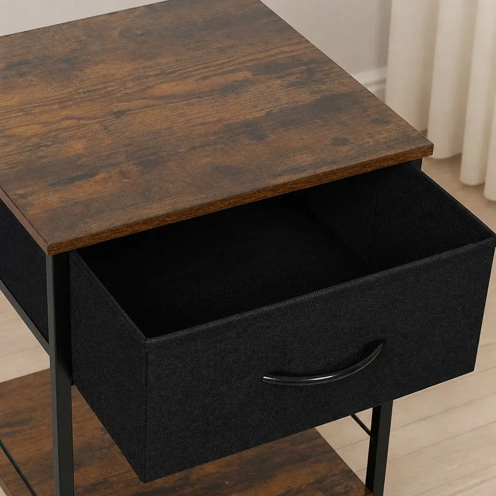 Bedside Table Brown and Black 40cm Compact Storage with Drawer and Shelf Metal Frame MDF Top