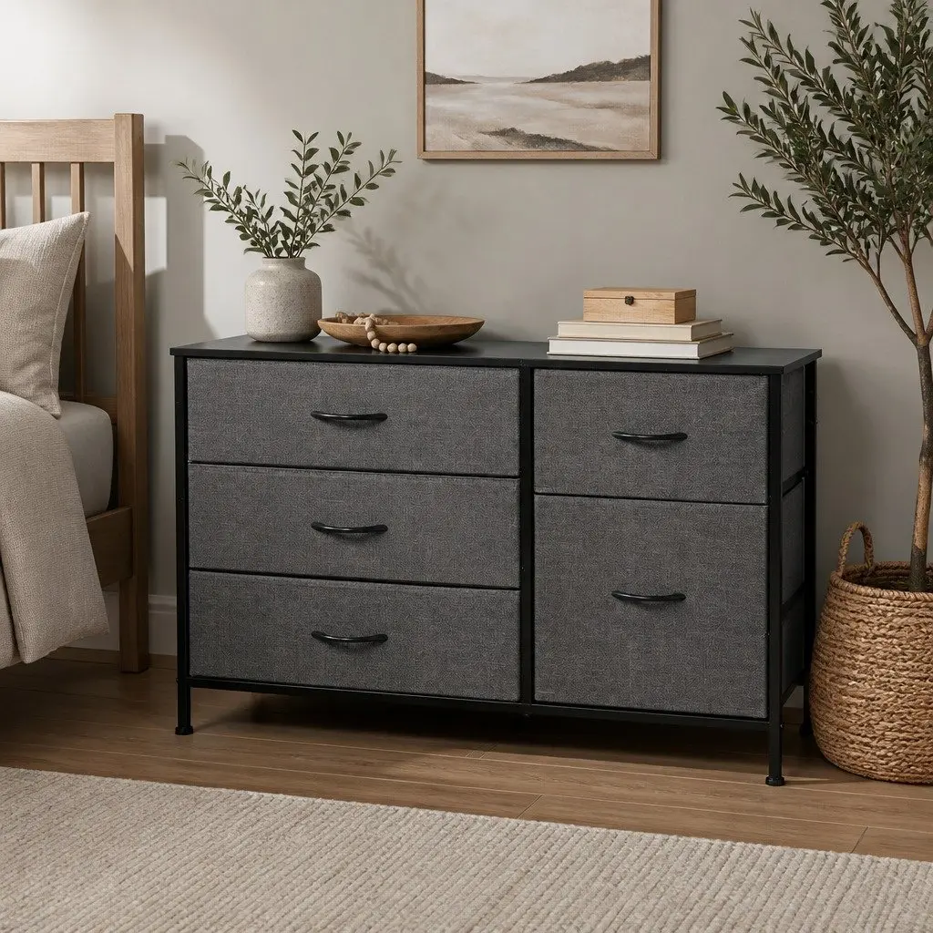 Storage Cabinet Tower Chest of Drawers Dark Grey Nightstand Dresser Organizer