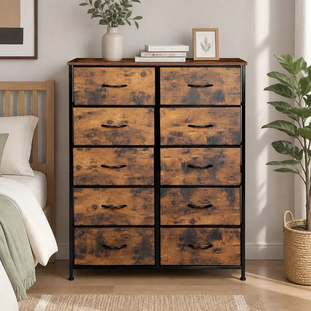 Storage Cabinet Brown 10 Drawer Fabric Organiser Unit