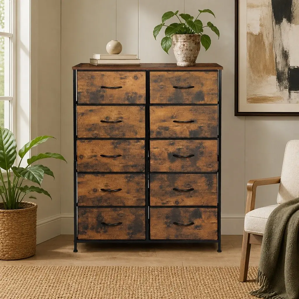 Storage Cabinet Brown 10 Drawer Fabric Organiser Unit