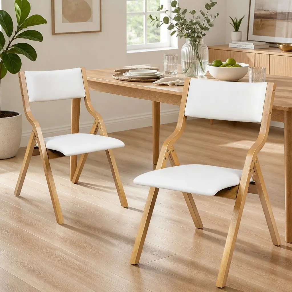 Folding Dining Chairs Set of 4 PU Seat Beige Kitchen Dinner Room Furniture