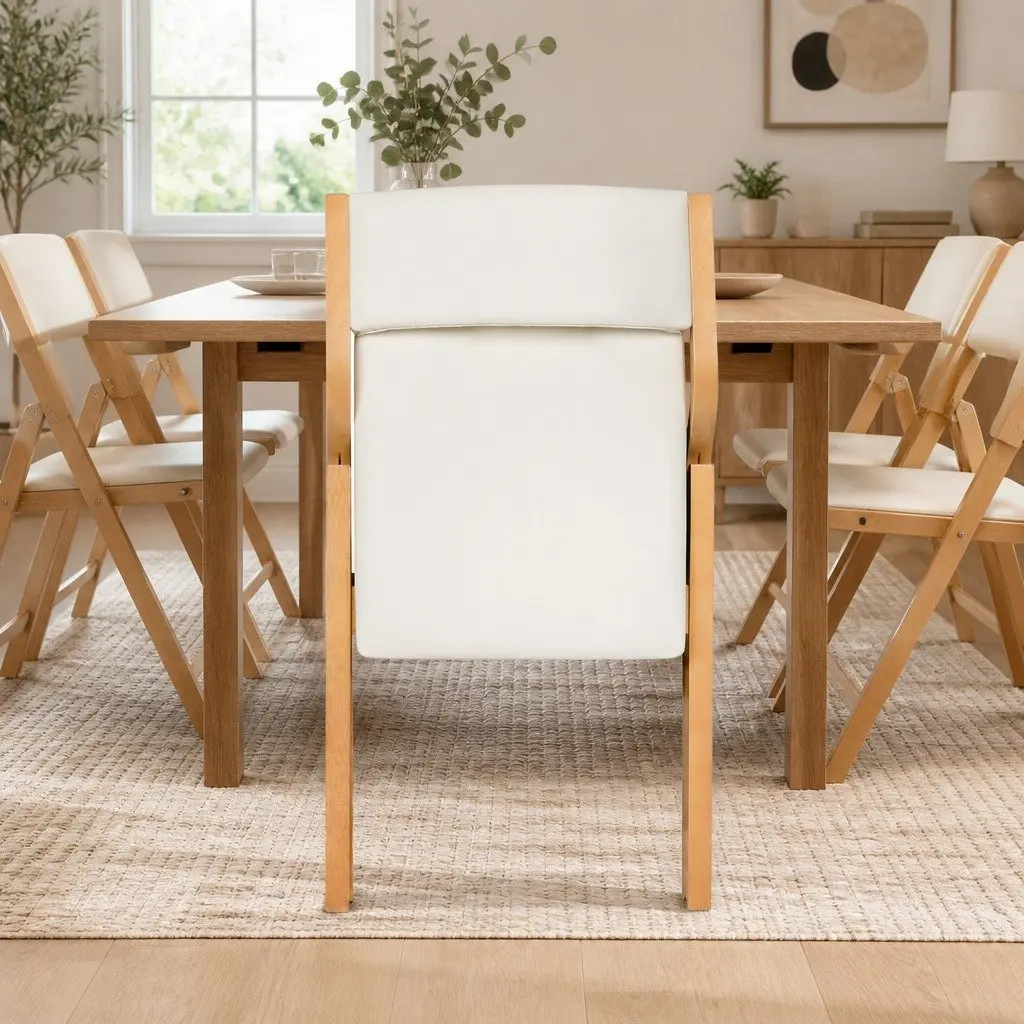 Folding Dining Chairs Set of 4 PU Seat Beige Kitchen Dinner Room Furniture