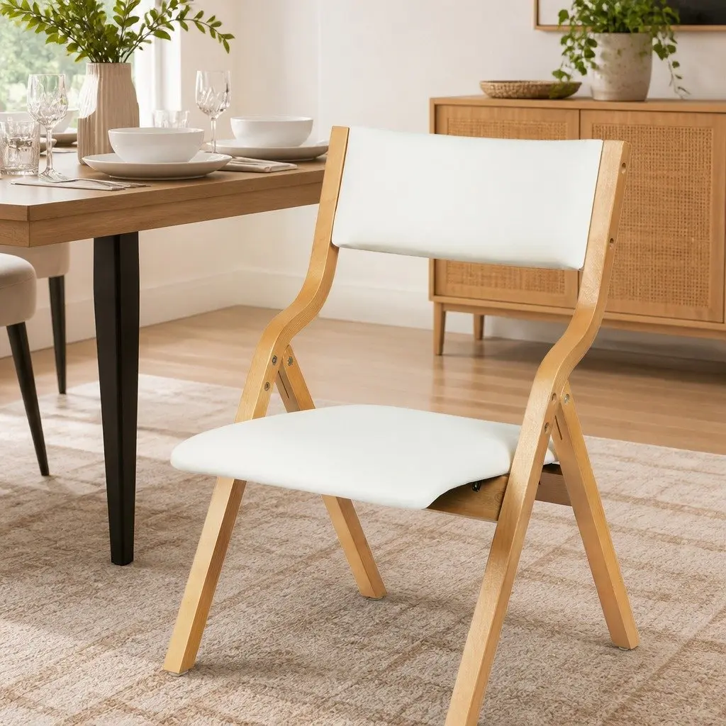 Foldable Dining Chairs Set of 8 PU Seat Beige Kitchen Furniture Space Saving