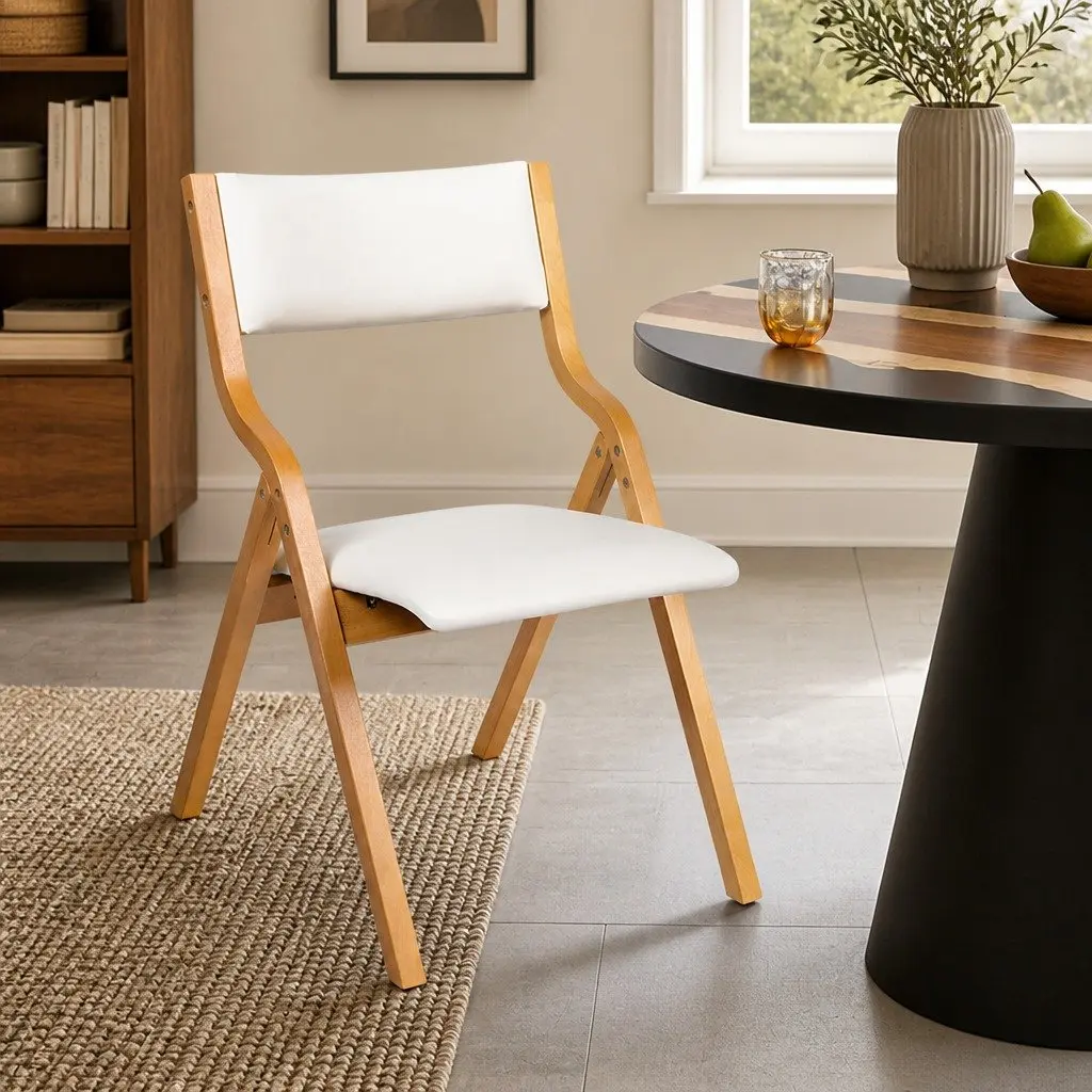 Foldable Dining Chairs Set of 8 PU Seat Beige Kitchen Furniture Space Saving