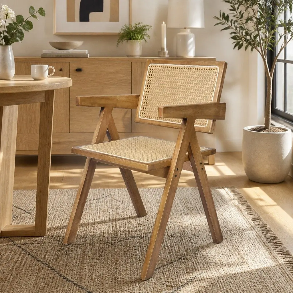 Dining Chair Set 8x Solid Wood Rattan Weave Natural Armrest Kitchen Furniture